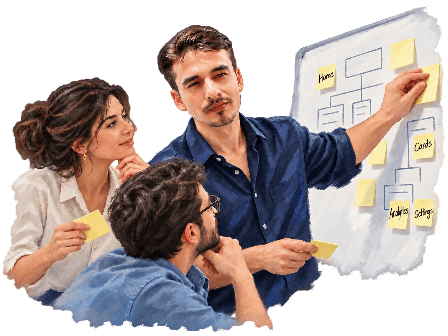 Painted illustration of Zohdi Rizvi facilitating a UX workshop with two colleagues and handwritten Home, Cards, Analytics, and Settings notes on a whiteboard.