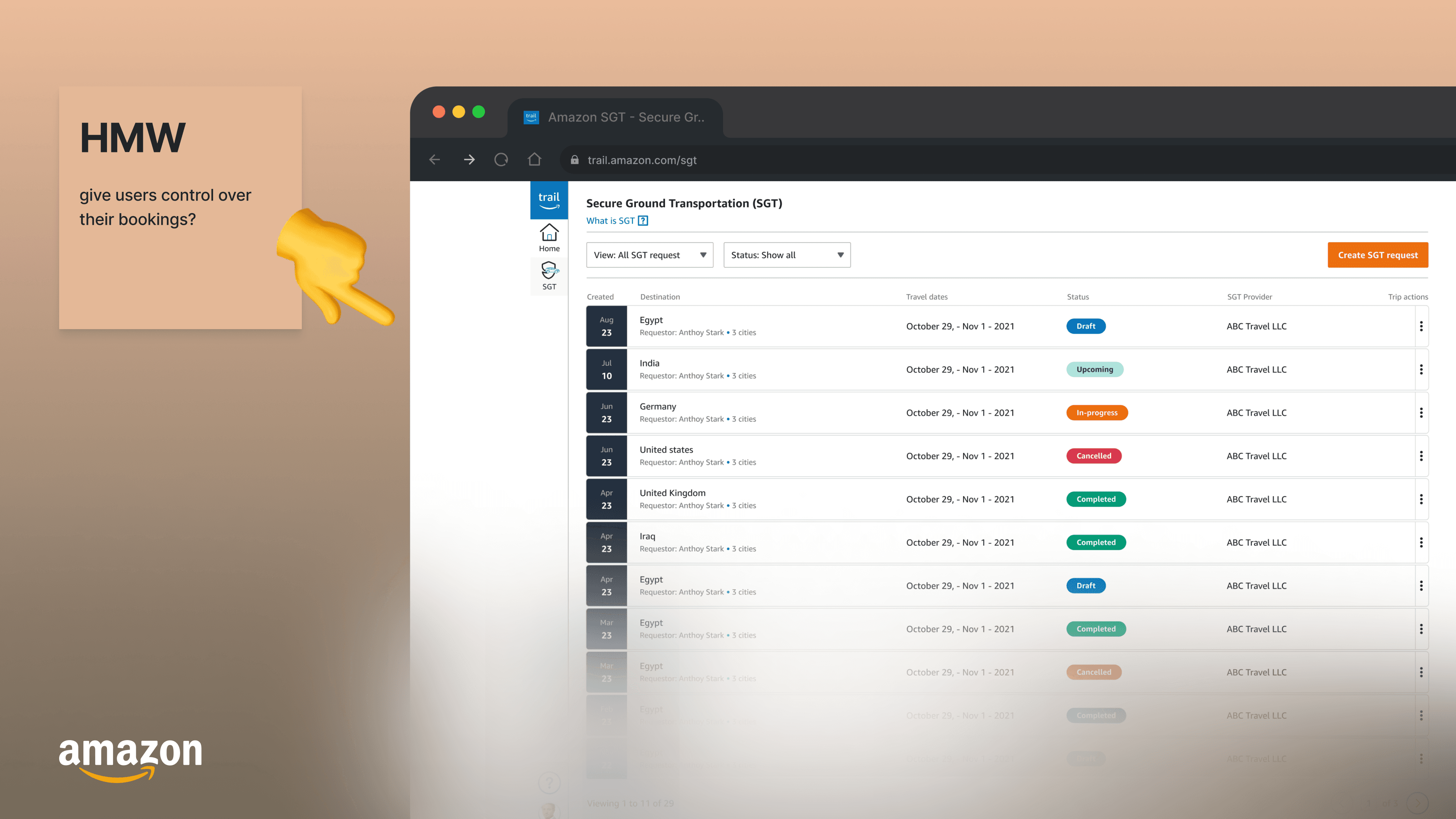 Amazon Secure Ground Transportation dashboard showing trip requests and statuses