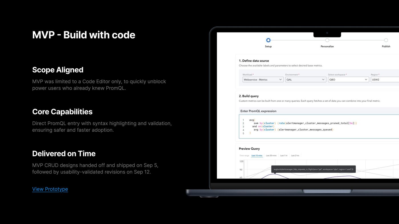 MVP Build with Code &mdash; MacBook showing PromQL editor