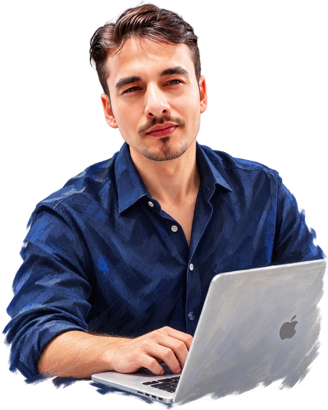 Painted portrait of Zohdi Rizvi working at a MacBook