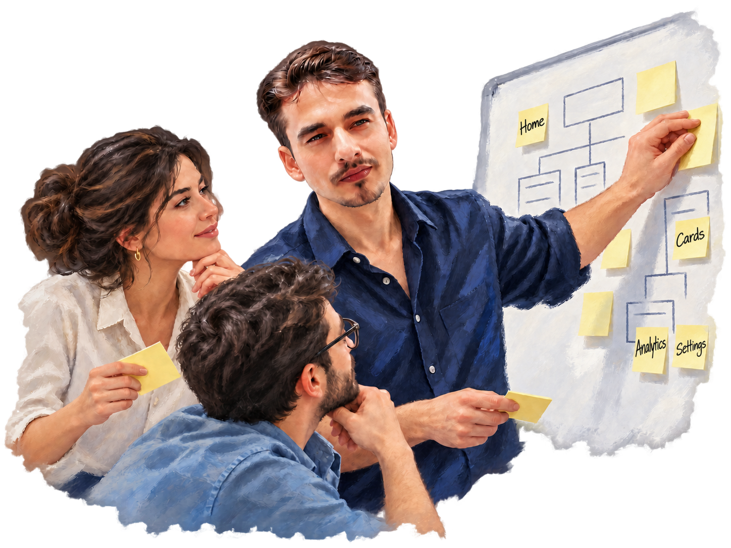 Painted illustration of Zohdi Rizvi facilitating a UX workshop with two colleagues and handwritten Home, Cards, Analytics, and Settings notes on a whiteboard.